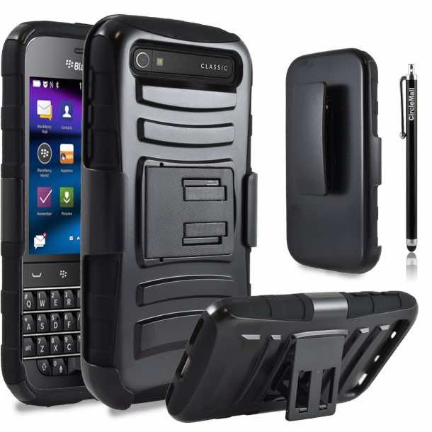 黑莓经典案例，组合坚固的壳盖皮套与内置支架和皮套锁腰带夹黑色圆圈