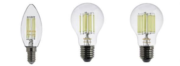 从左到右顺序：1-W，200-lm E14蜡烛灯泡，2-W，400-LM E27经典灯泡和3-W，3-W，600-LM E27 E27 Classic Bulb（信用：Philips）