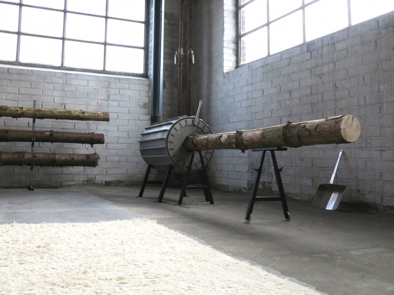 用户首先将日志放在可调节的支持摊位上，然后将其推入...