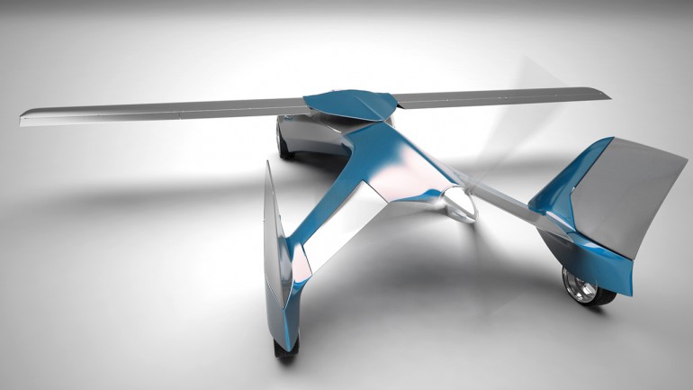 飞行汽车的后视图显示螺旋桨安排。道具不动…